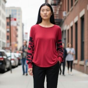 LoveU.Dear Deep Red and Black Long Sleeve Asymmetrical Blouse